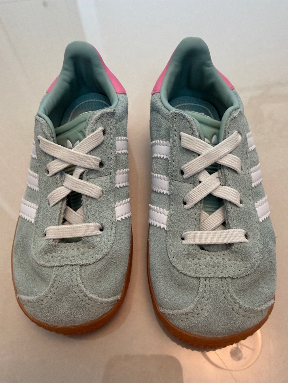 adidas Kids Suede Sneakers in Mint Green with Pink Heel